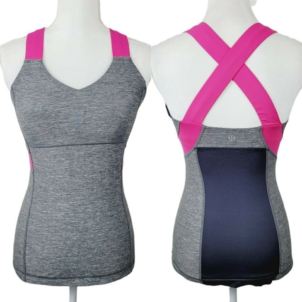 Lululemon Push Your Limits Tank Cross Back Heathered Gray Hot Pink Sz 4 EUC